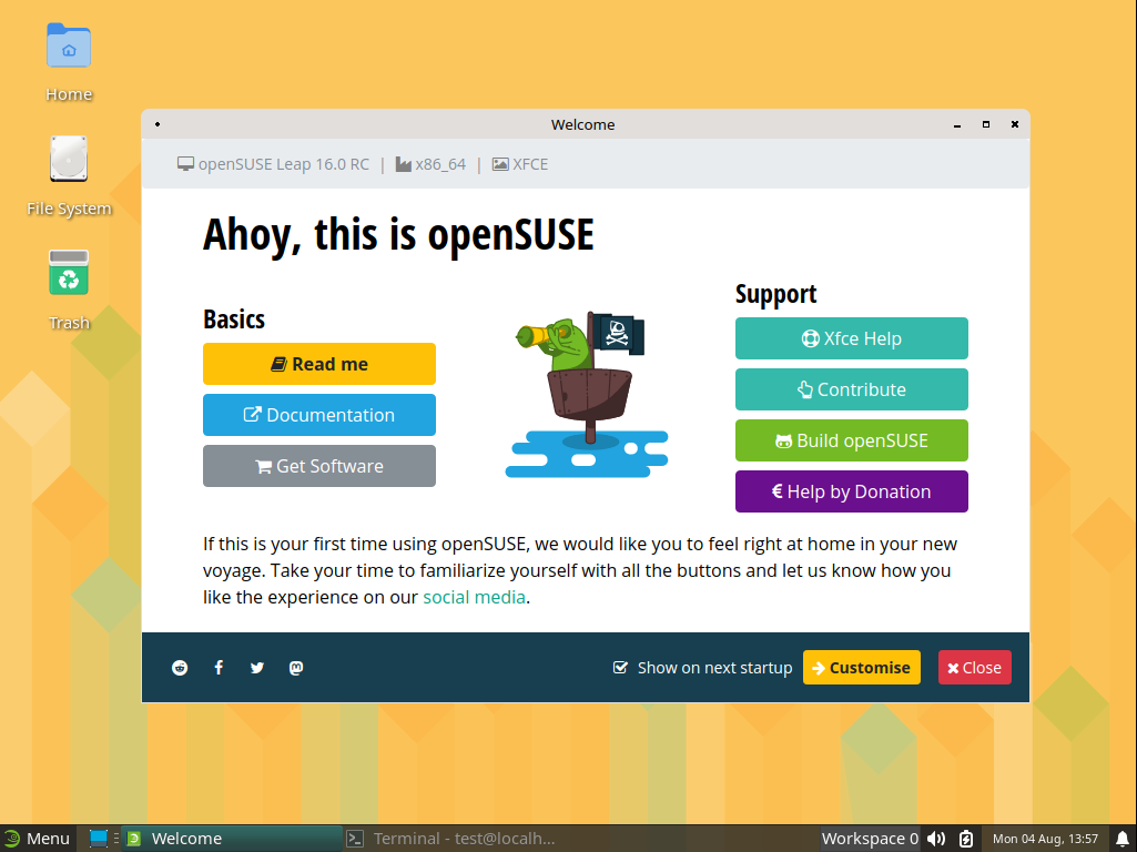 在 openSUSE Leap 16.0 RC 版本上体验 Xfce 的 Wayland 环境